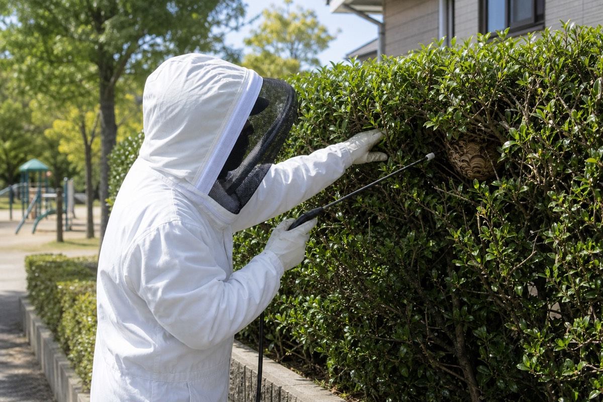 刈谷市末広町の公園隣接住宅でキイロスズメバチ駆除作業中