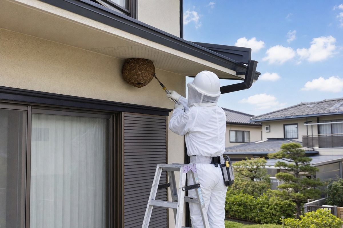 春日井市鳥居松町の戸建てでスズメバチ駆除作業中
