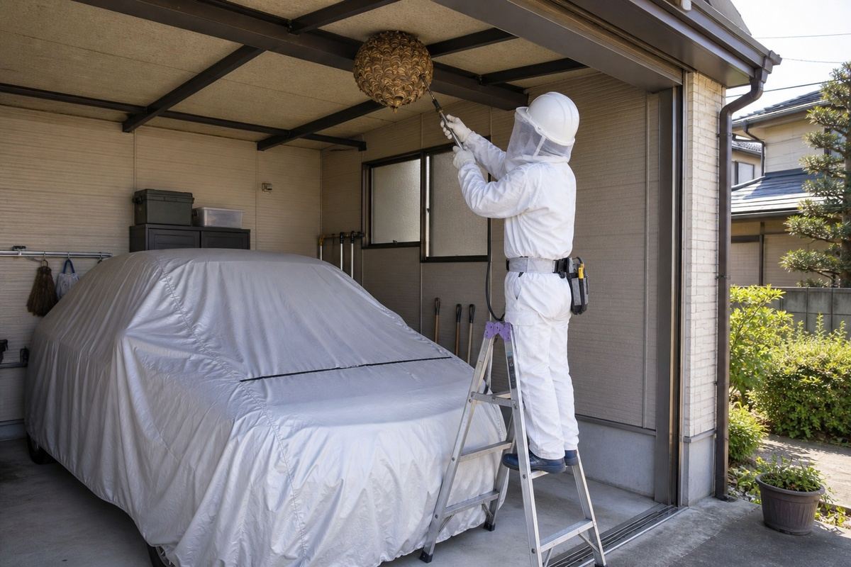 春日井市味美町の車庫でキイロスズメバチ駆除作業中