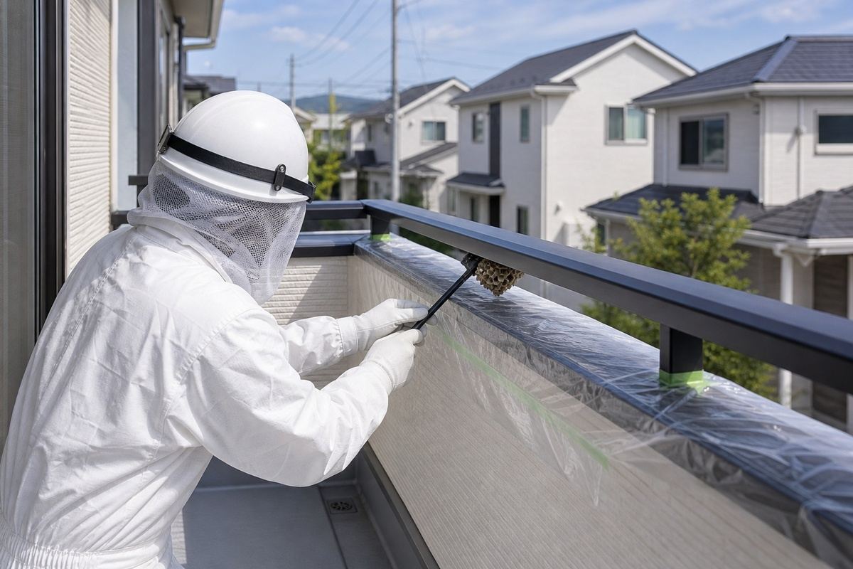 春日井市勝川町の新興住宅地でアシナガバチ駆除作業中