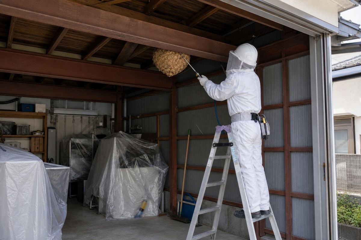 春日井市鷹来町の倉庫付き住宅でキイロスズメバチ駆除作業中