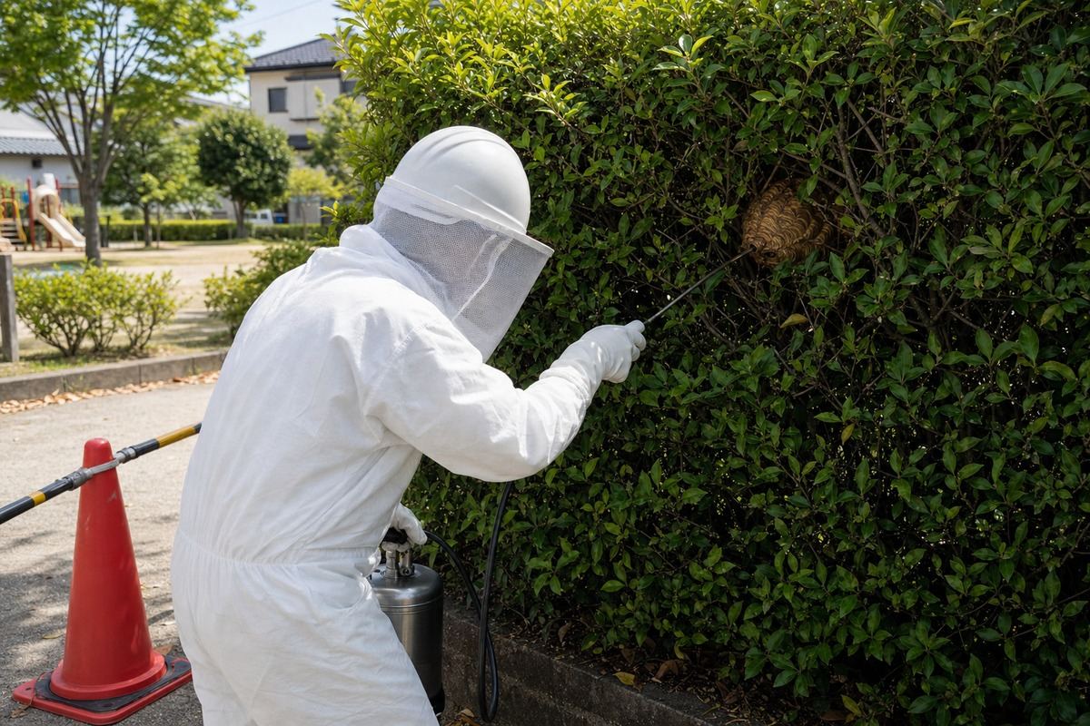 春日井市出川町の住宅でアシナガバチ駆除作業中