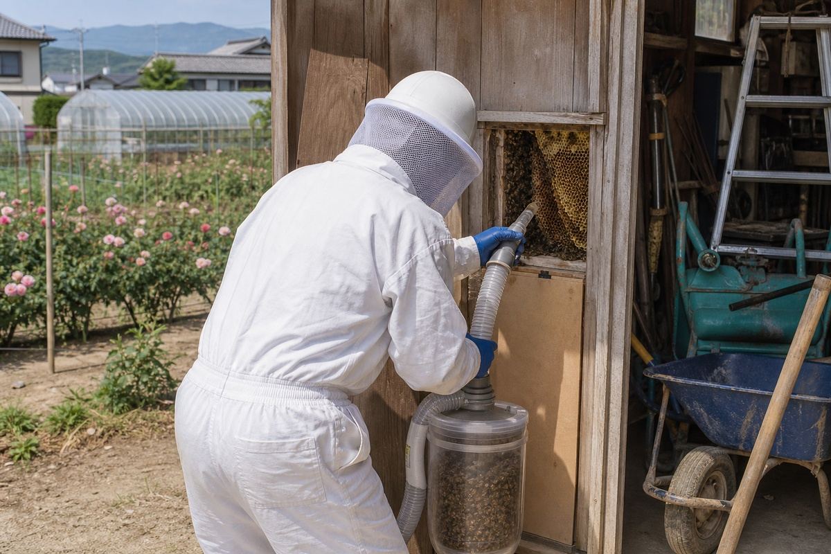 春日井市篠木町の農家住宅でミツバチ駆除作業中