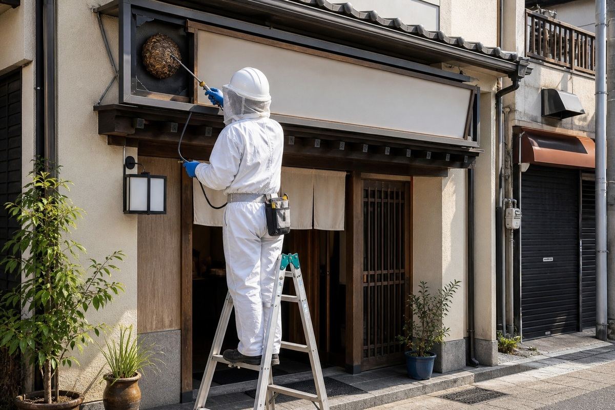 春日井市神明町の店舗併用住宅でスズメバチ駆除作業中