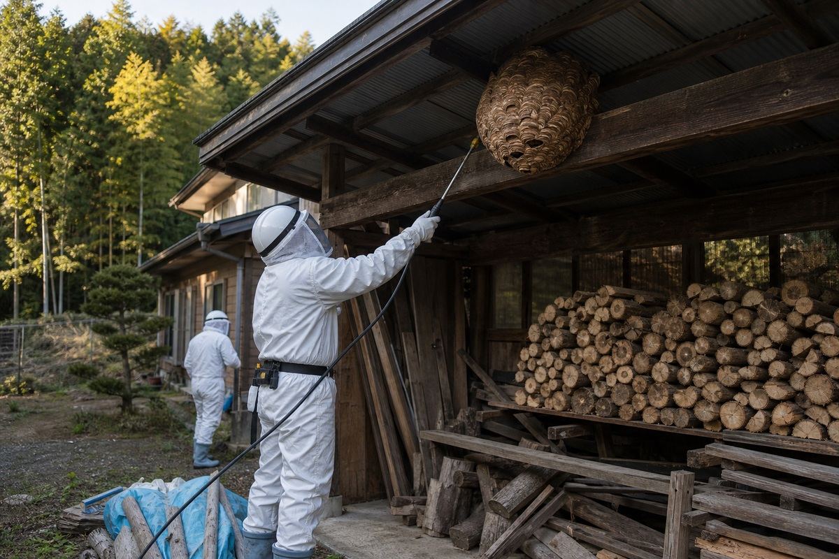 春日井市上田楽町の山林隣接住宅でオオスズメバチ駆除作業中