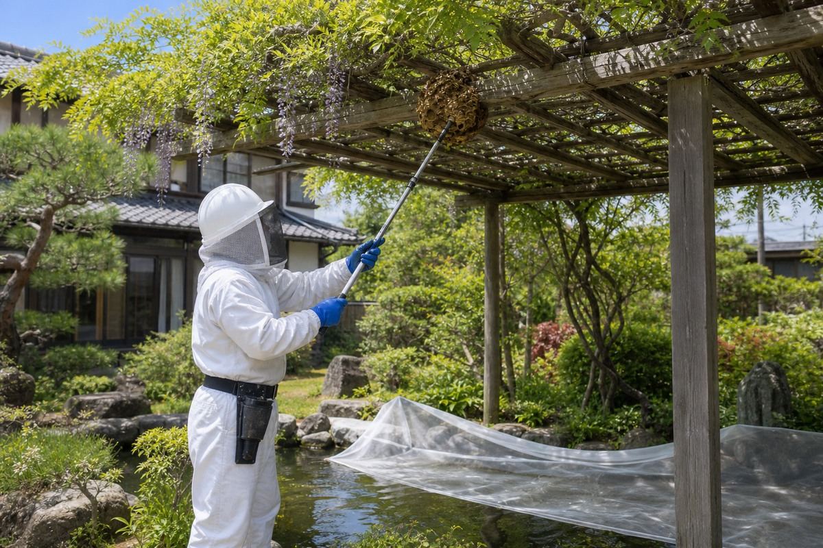 春日井市高山町の池近隣住宅でキイロスズメバチ駆除作業中