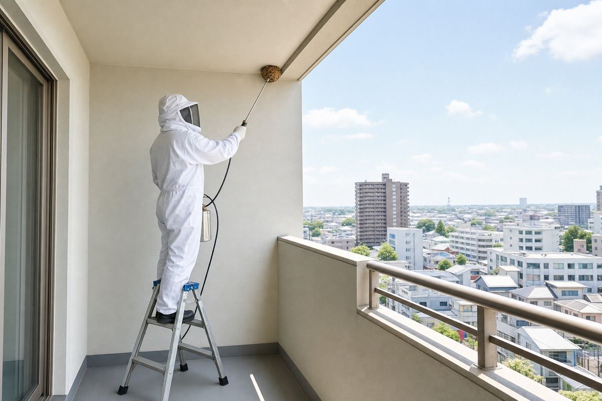 春日井市中央町のマンションでスズメバチ駆除作業中