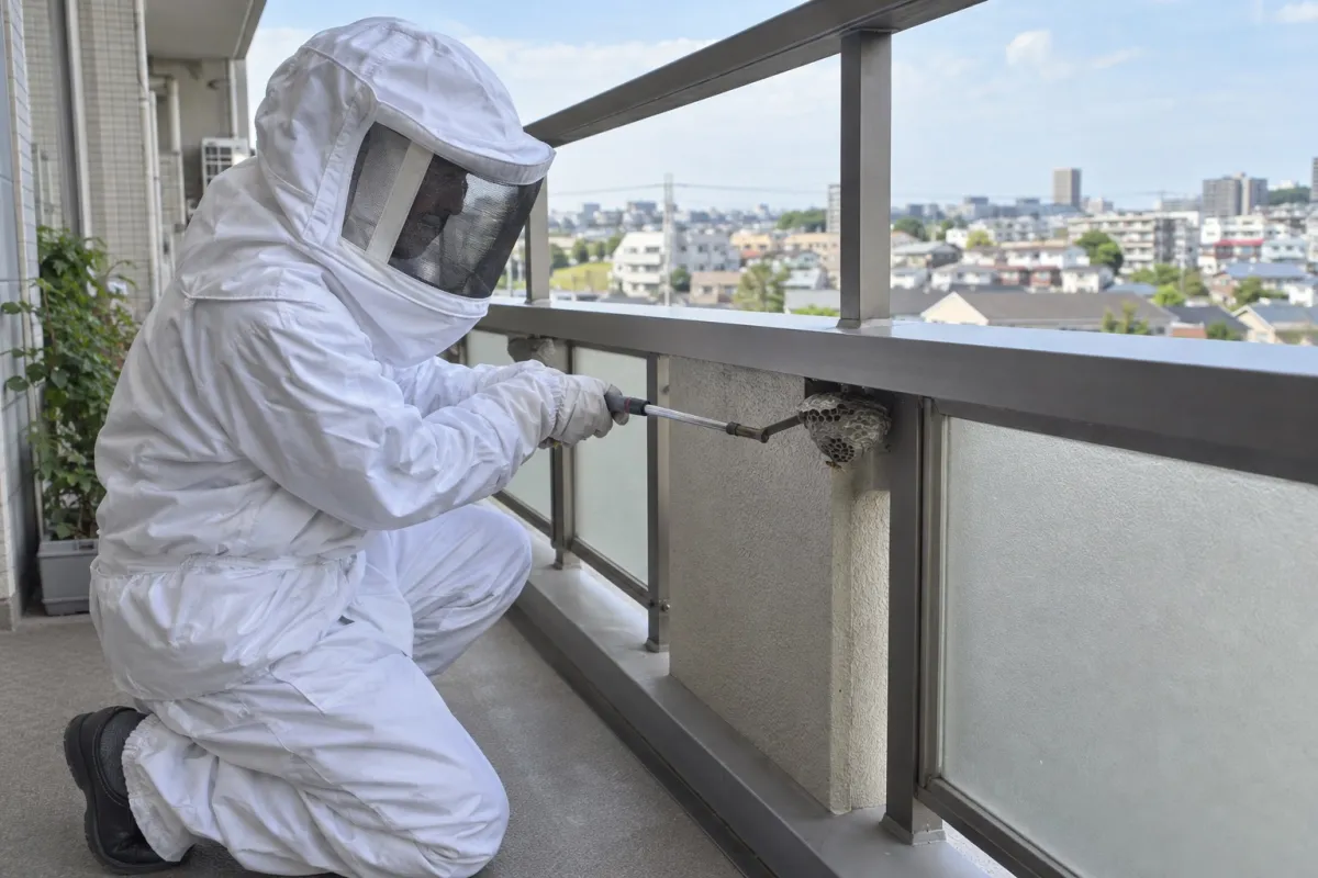春日井市白山町の分譲マンション7Fでアシナガバチ駆除作業中