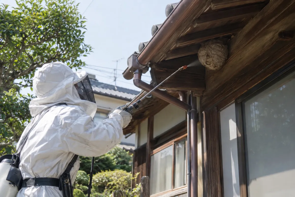 春日井市東野町の木造一戸建てでスズメバチ駆除作業中