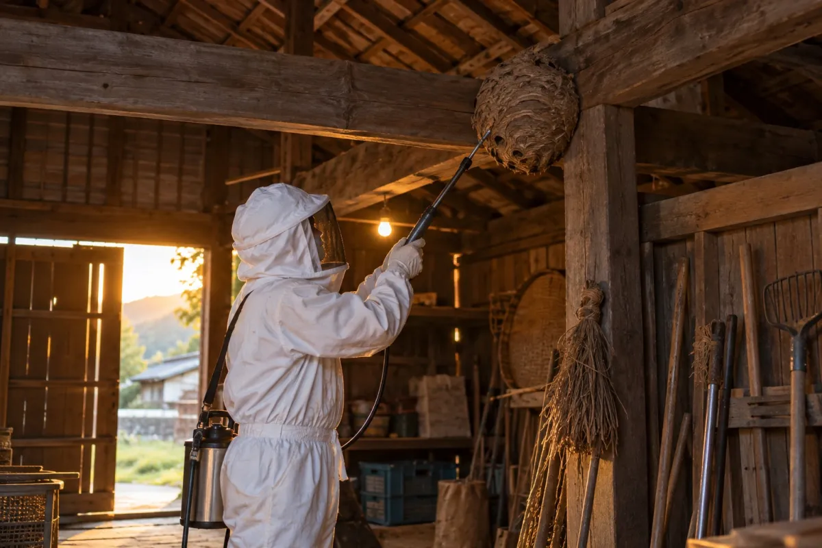 春日井市十三塚町の農家納屋でオオスズメバチ駆除作業中