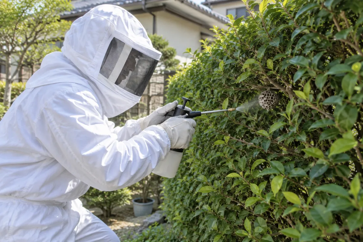 春日井市松新町の一軒家でアシナガバチ駆除作業中