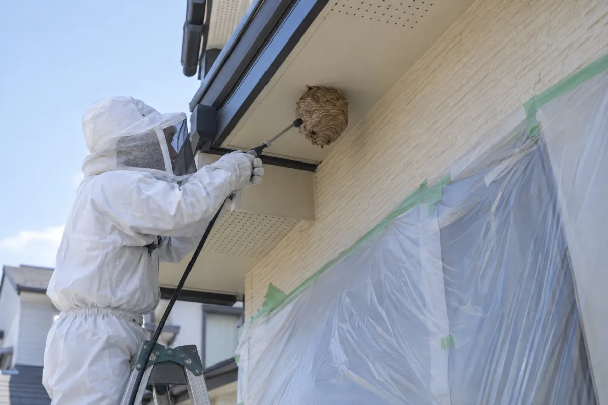 春日井市西本町の新築一戸建てでキイロスズメバチ駆除作業中