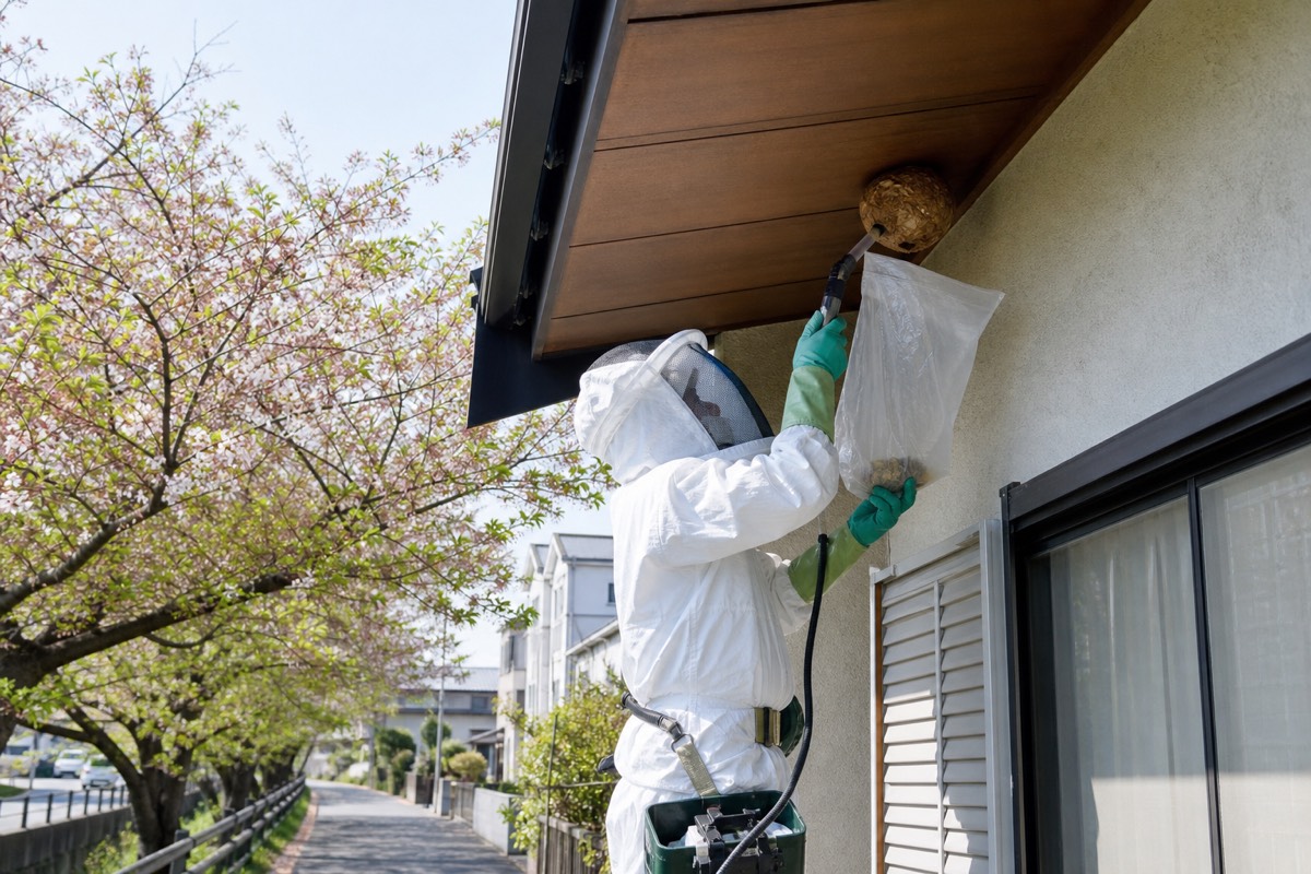 北名古屋市沖村の五条川桜並木近隣住宅でキイロスズメバチ駆除作業中