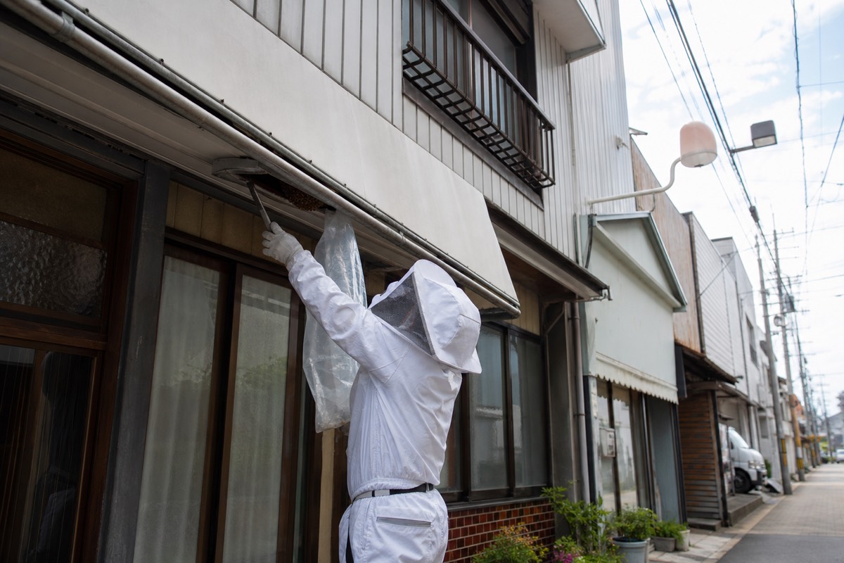 北名古屋市徳重の商店街店舗併用住宅でミツバチ駆除作業中