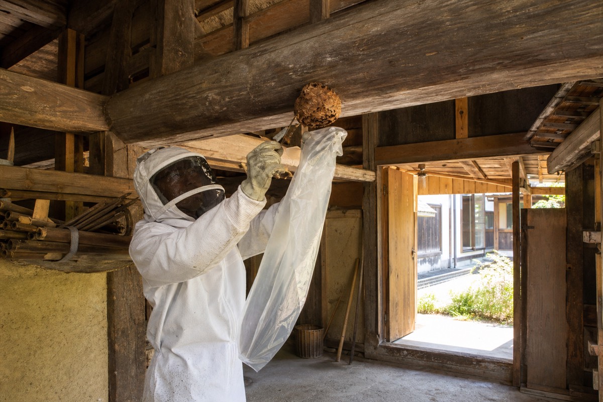 北名古屋市西之保の古民家でオオスズメバチ駆除作業中