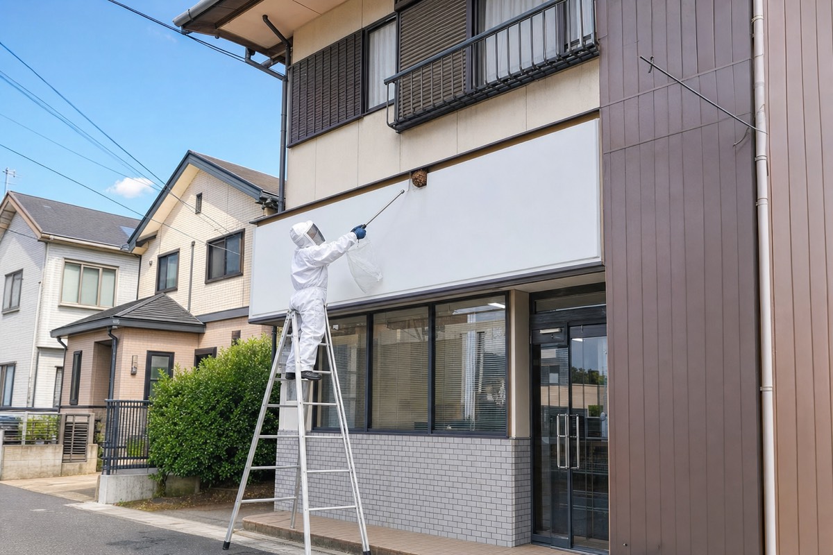 北名古屋市弥勒寺の銀行併用住宅でキイロスズメバチ駆除作業中