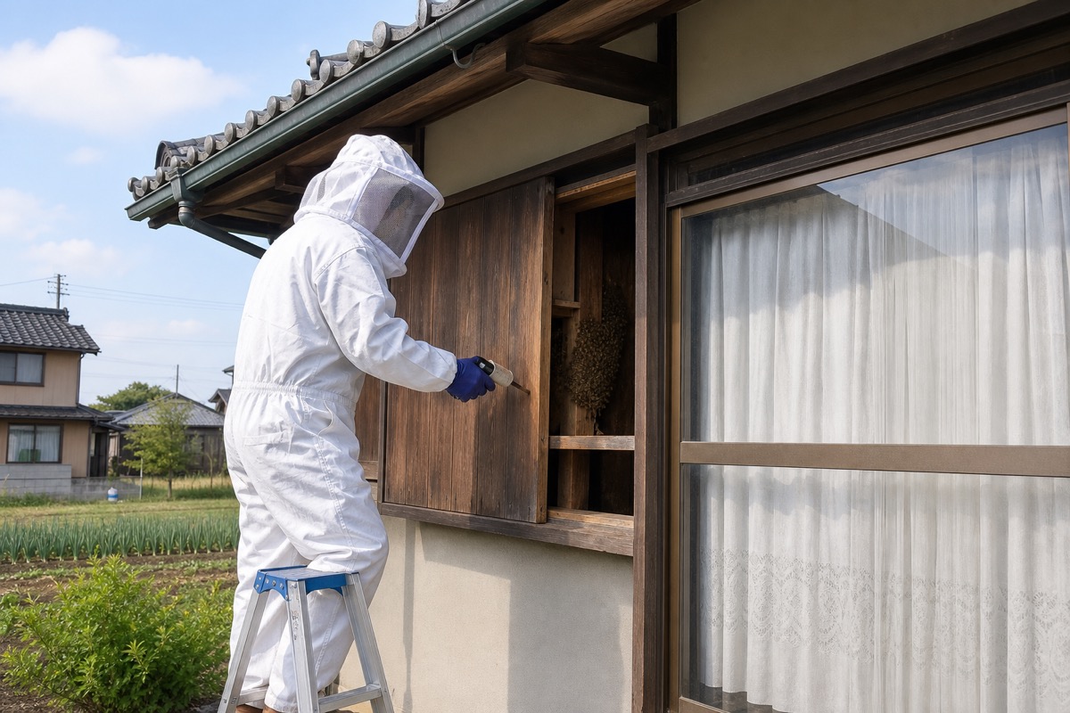 北名古屋市石橋の農家住宅でミツバチ駆除作業中