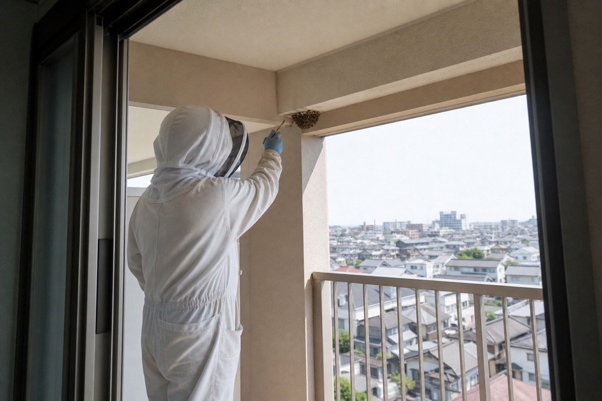北名古屋市中之郷のマンションでミツバチ駆除作業中