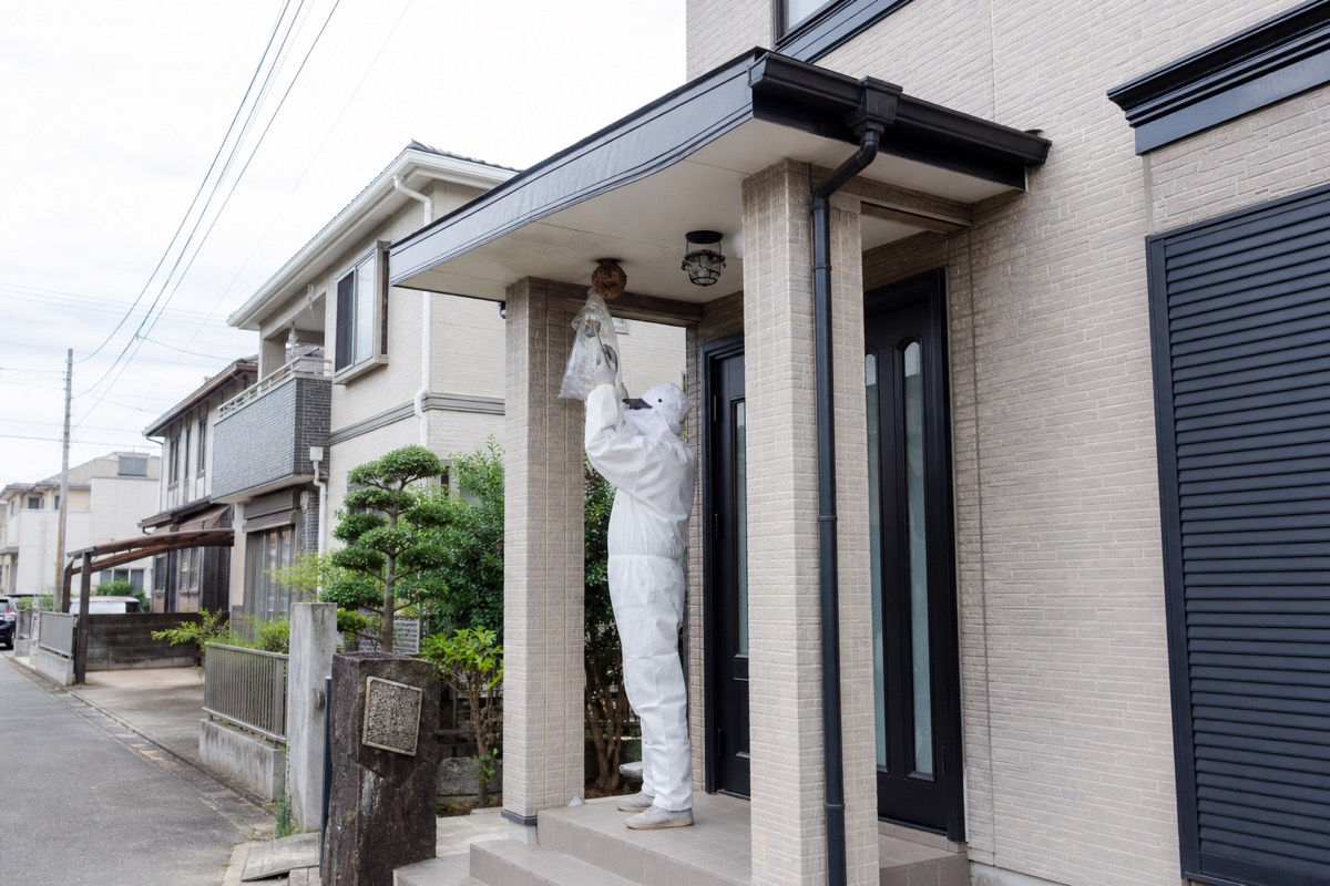 北名古屋市加島新田の住宅街でスズメバチ駆除作業中