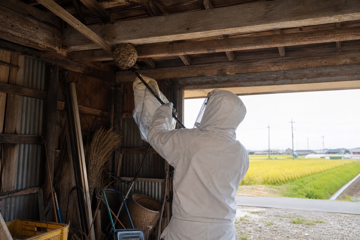 北名古屋市宇福寺の農地隣接住宅でオオスズメバチ駆除作業中