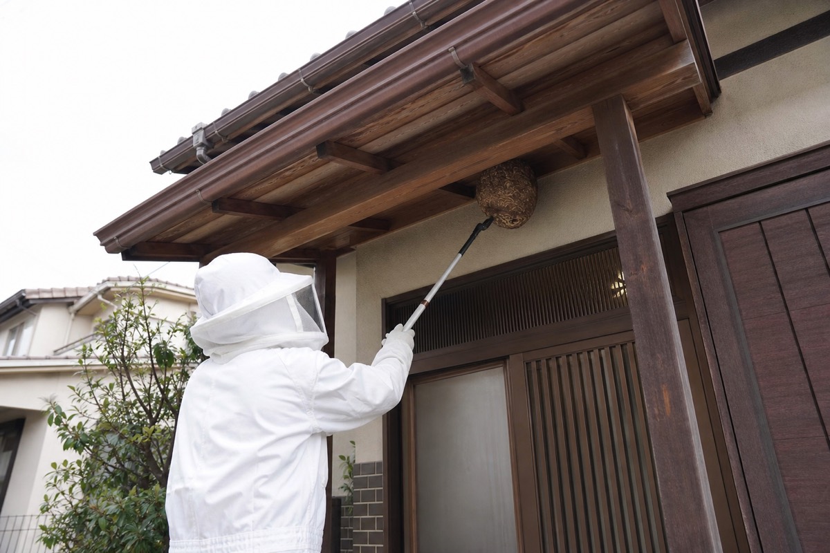 清須市清洲の城下町住宅でスズメバチ駆除作業中