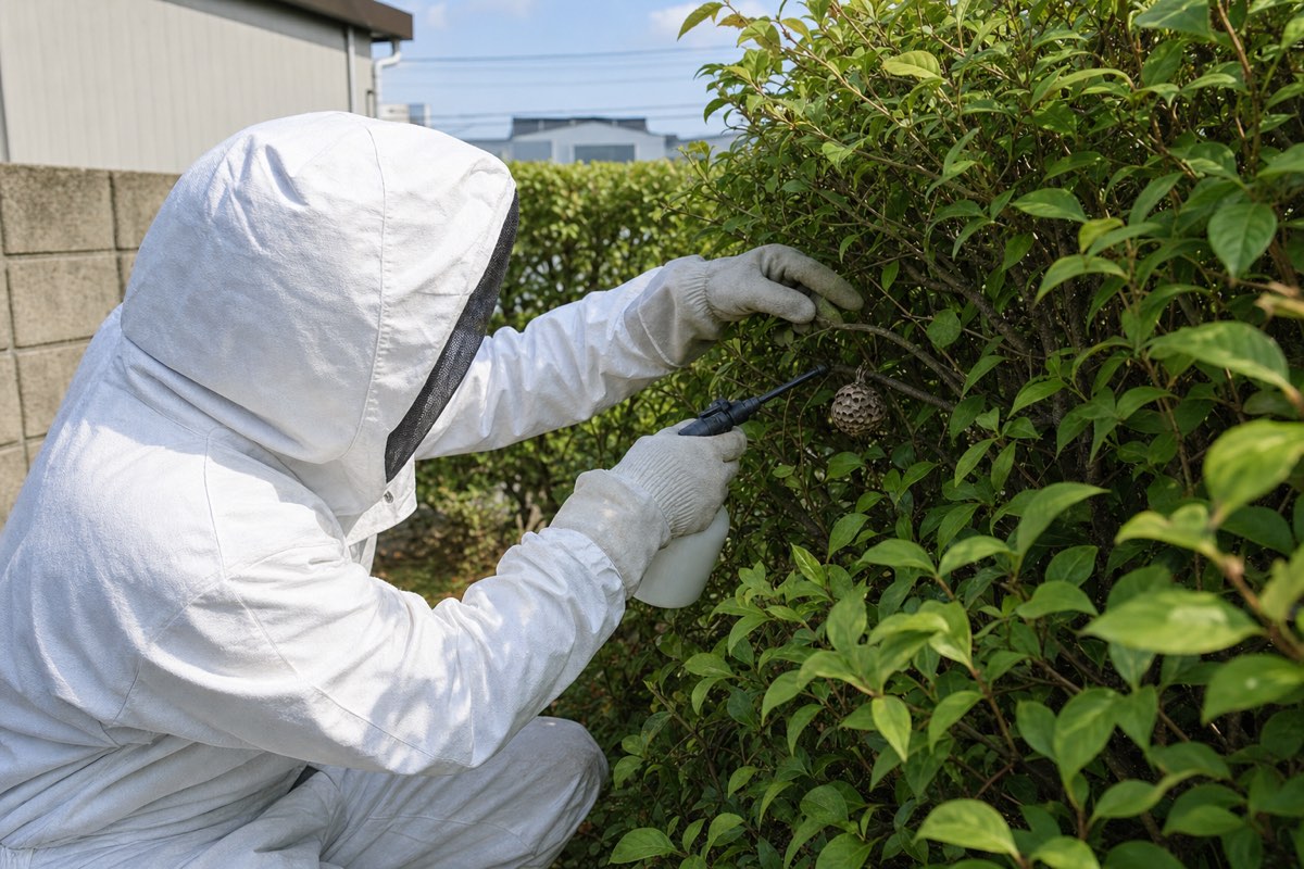 清須市春日の工業団地近隣住宅でアシナガバチ駆除作業中