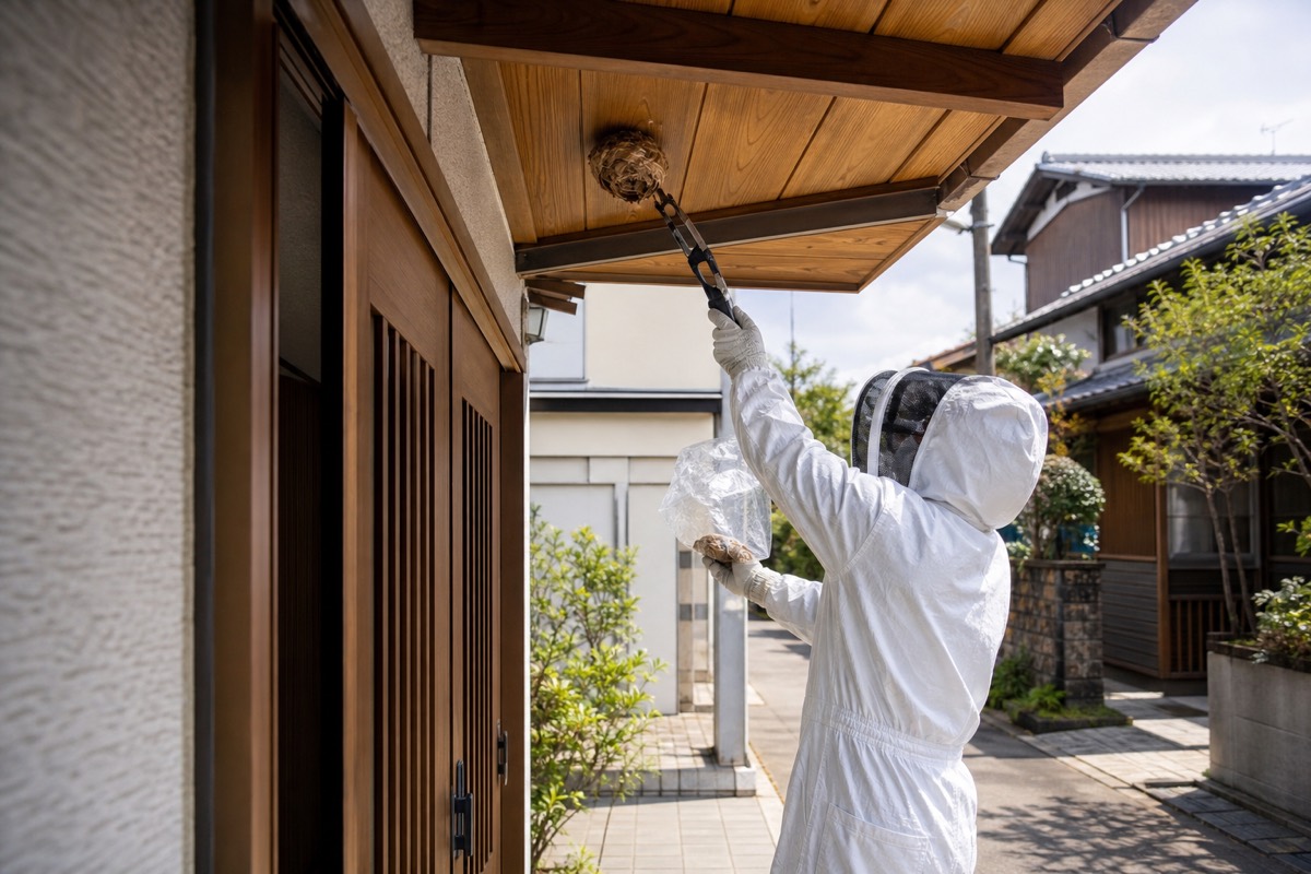 清須市朝日の住宅街でキイロスズメバチ駆除作業中