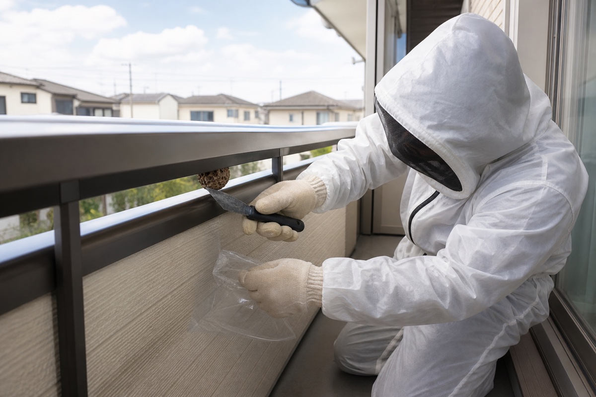 清須市西田中の分譲住宅でアシナガバチ駆除作業中