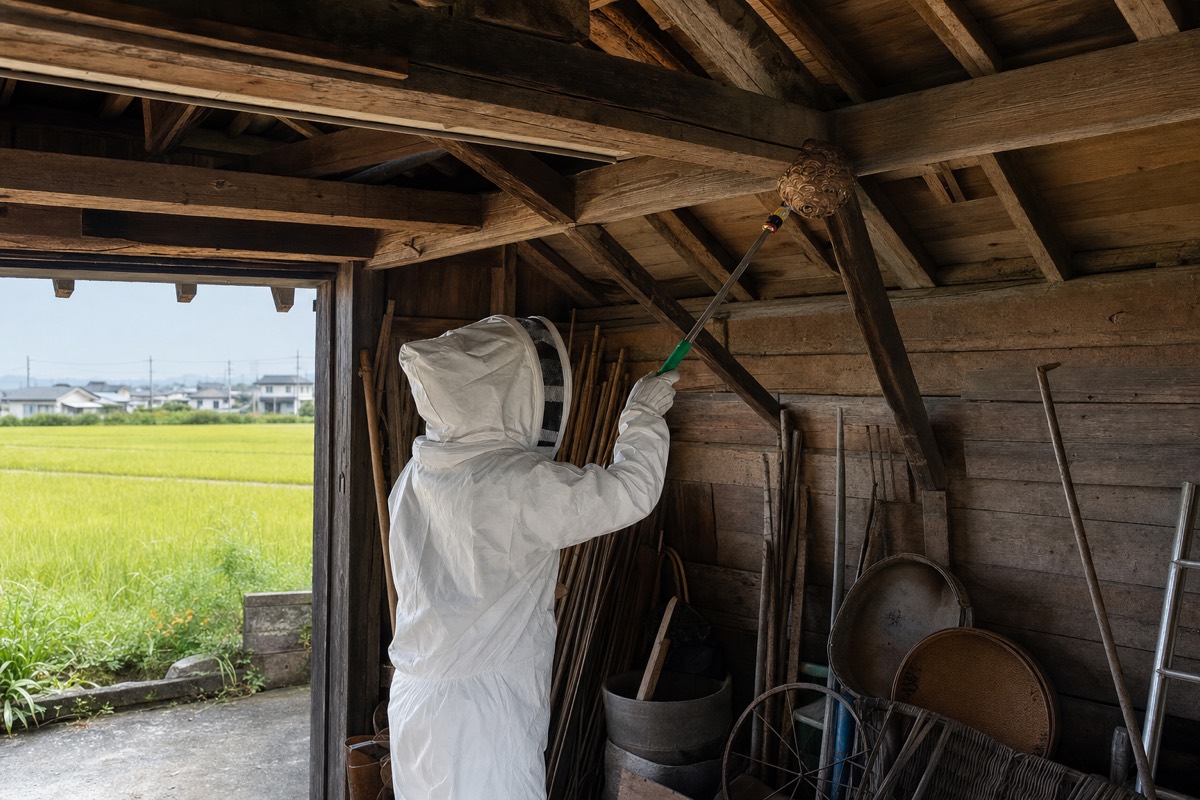 清須市尾張星の宮の農家納屋でオオスズメバチ駆除作業中