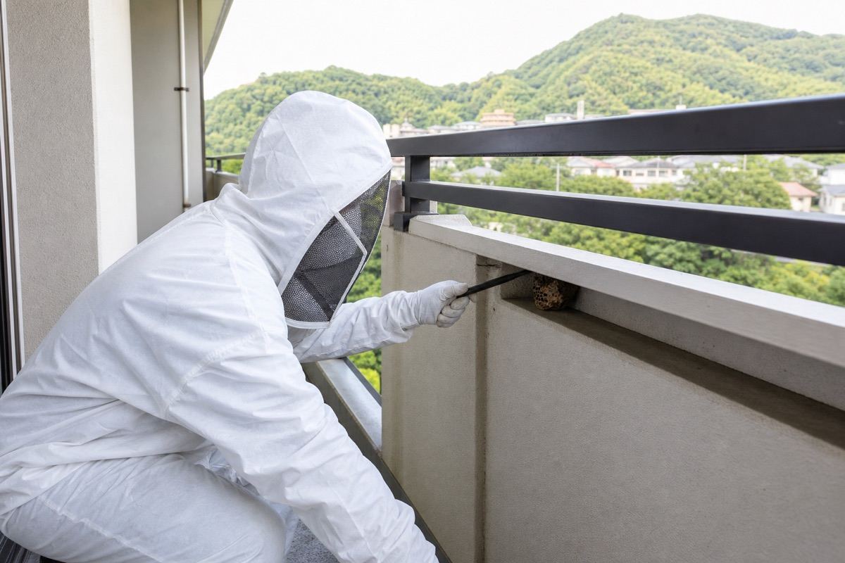 小牧市小牧原のマンションでアシナガバチ駆除作業中