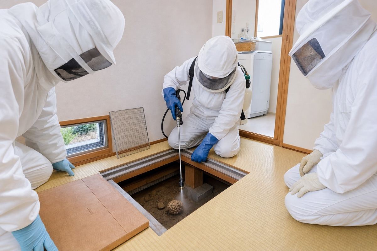 小牧市本庄の住宅床下でスズメバチ駆除作業中