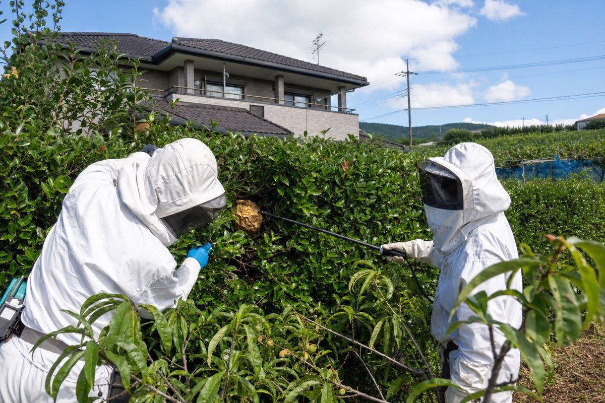 小牧市三ツ渕の住宅庭木でキイロスズメバチ駆除作業中