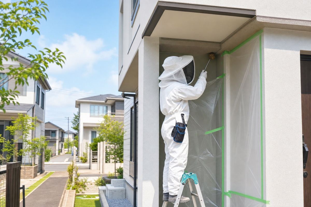 小牧市桃花台の新興住宅地でアシナガバチ駆除作業中