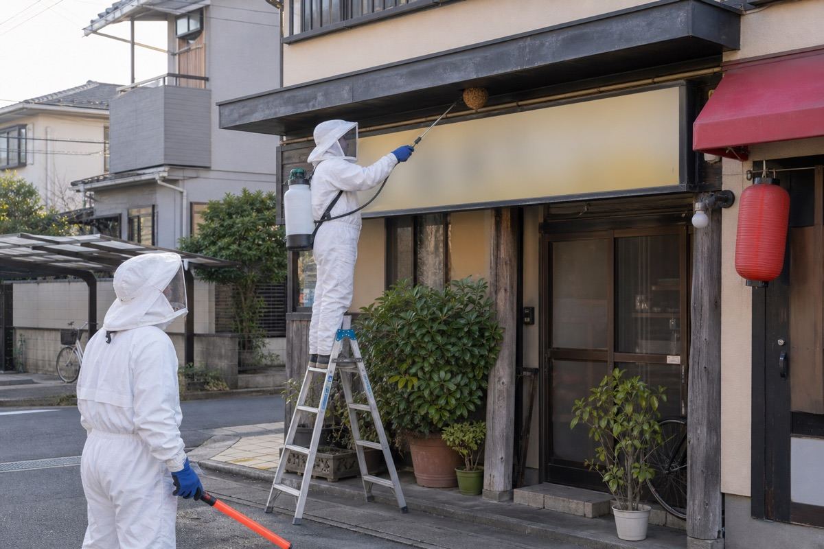小牧市林間の店舗併用住宅でキイロスズメバチ駆除作業中