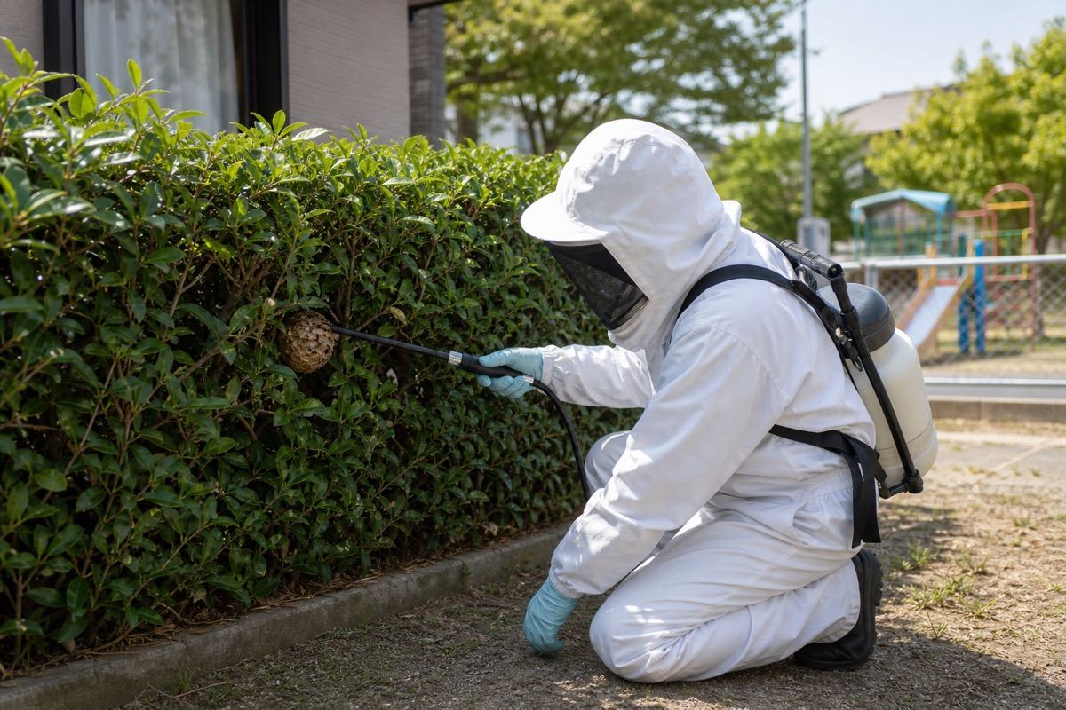 小牧市池之内の公園隣接住宅でアシナガバチ駆除作業中