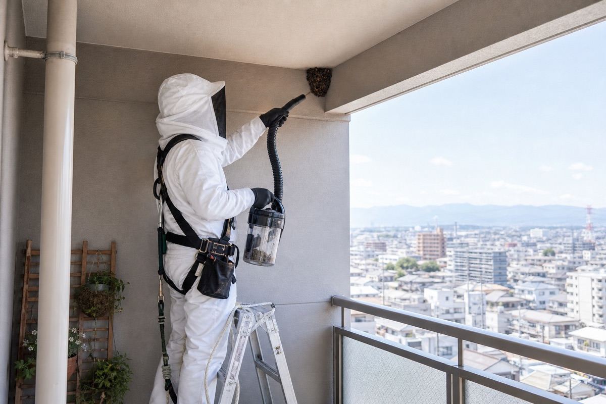 小牧市二重堀のマンションでミツバチ駆除作業中