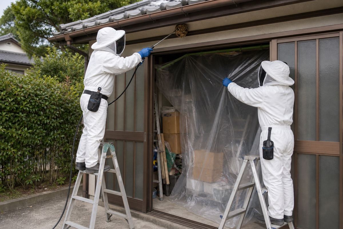 小牧市久保一色の倉庫付き住宅でスズメバチ駆除作業中