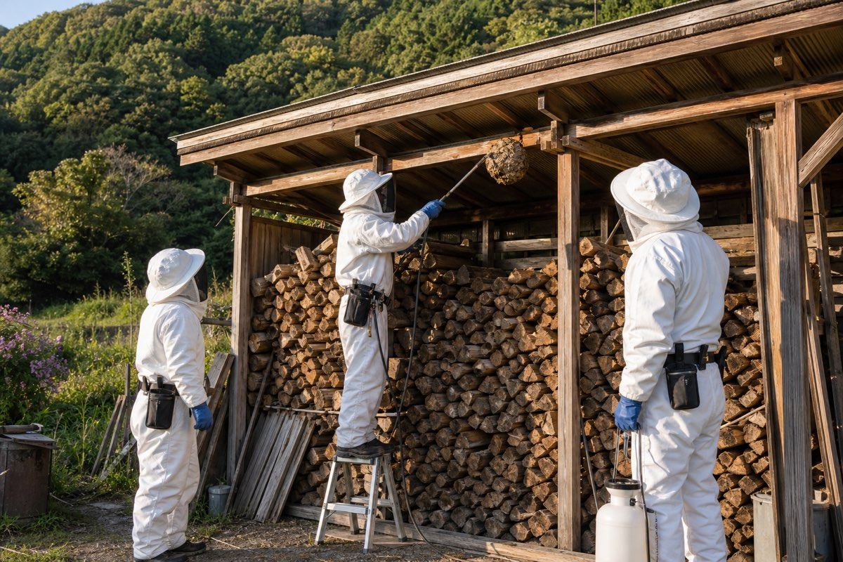 小牧市上末の山林隣接住宅でオオスズメバチ駆除作業中
