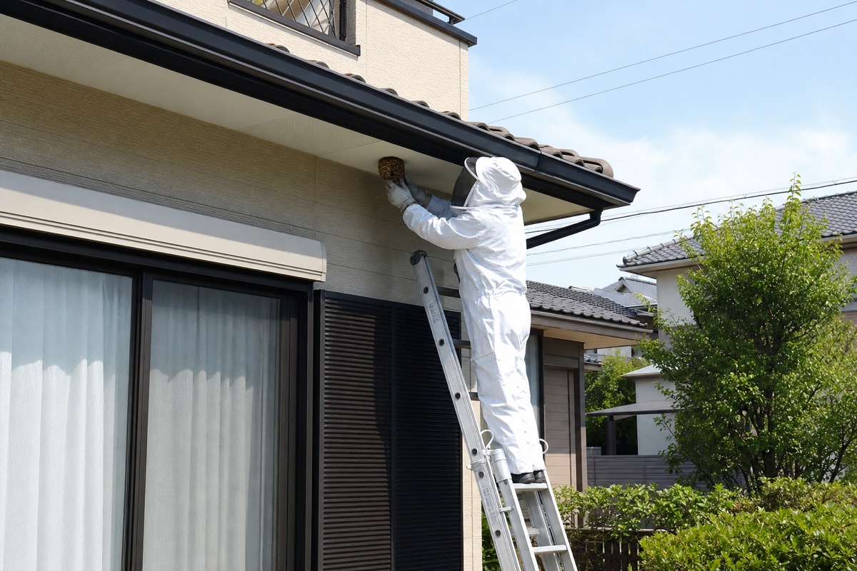 江南市宮後町の一軒家でキイロスズメバチ駆除作業中