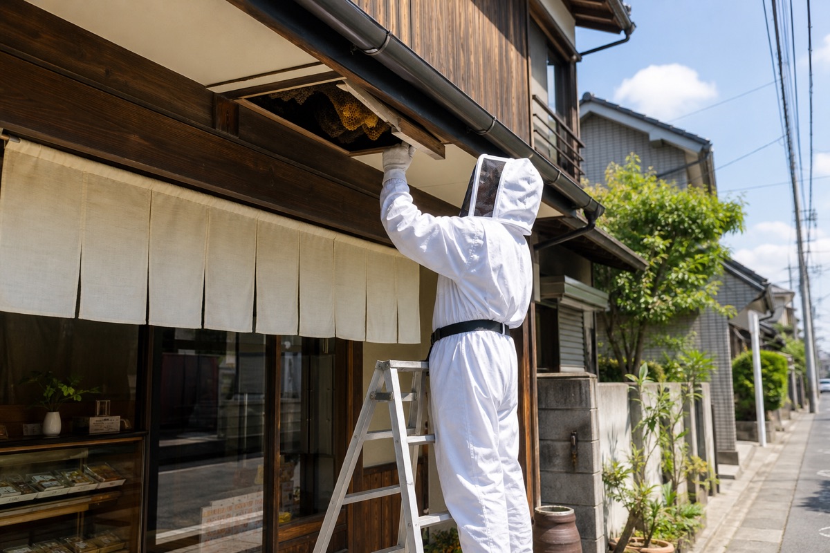 江南市赤童子町の商店街でミツバチ駆除作業中
