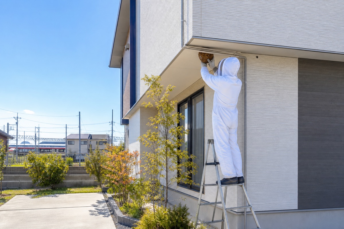 江南市北野町の新興住宅地でスズメバチ駆除作業中