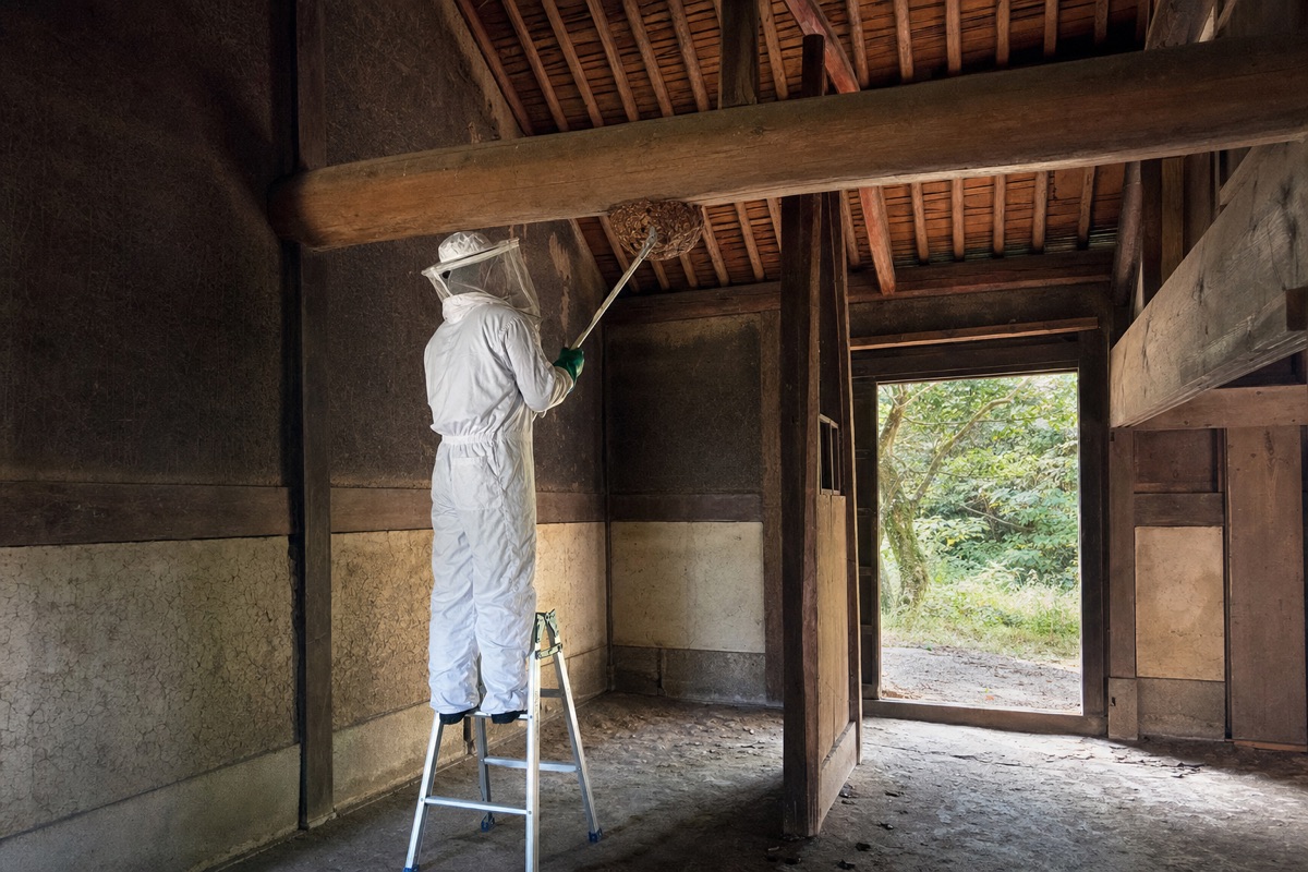 江南市高屋町の古民家でオオスズメバチ駆除作業中