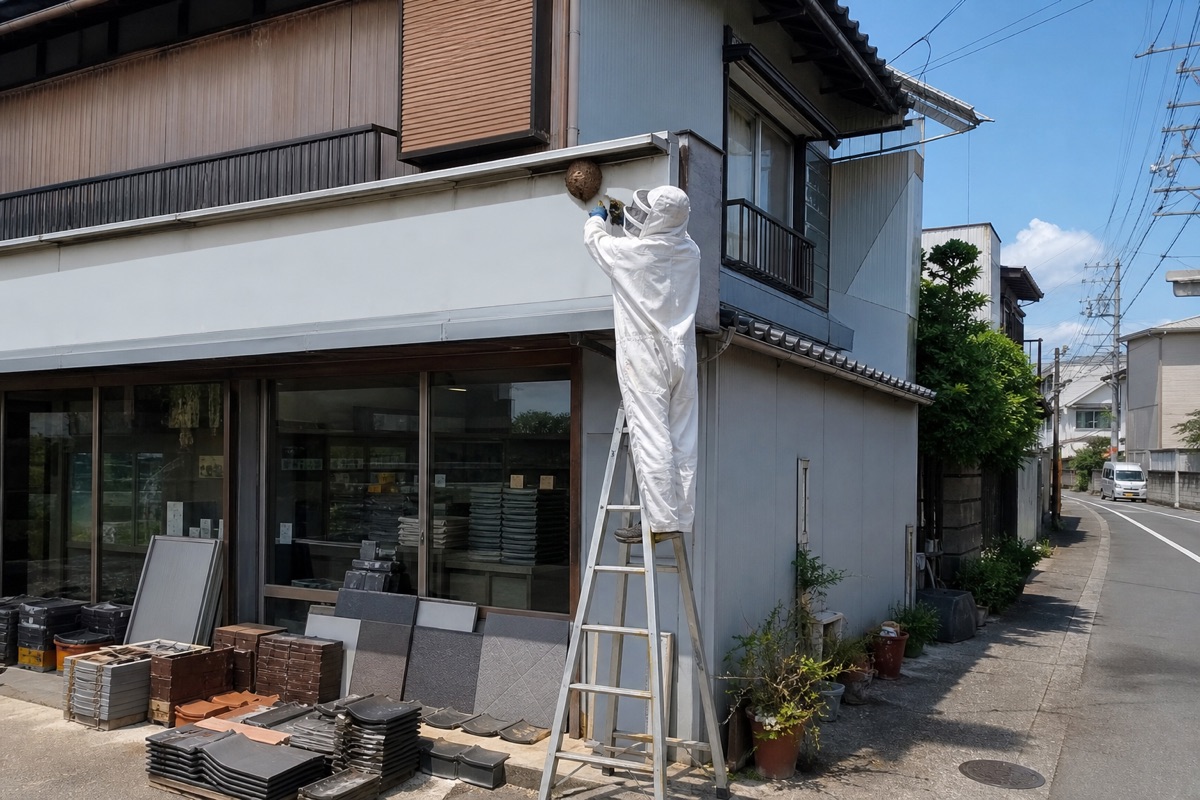 江南市前野町のタイル店併用住宅でキイロスズメバチ駆除作業中