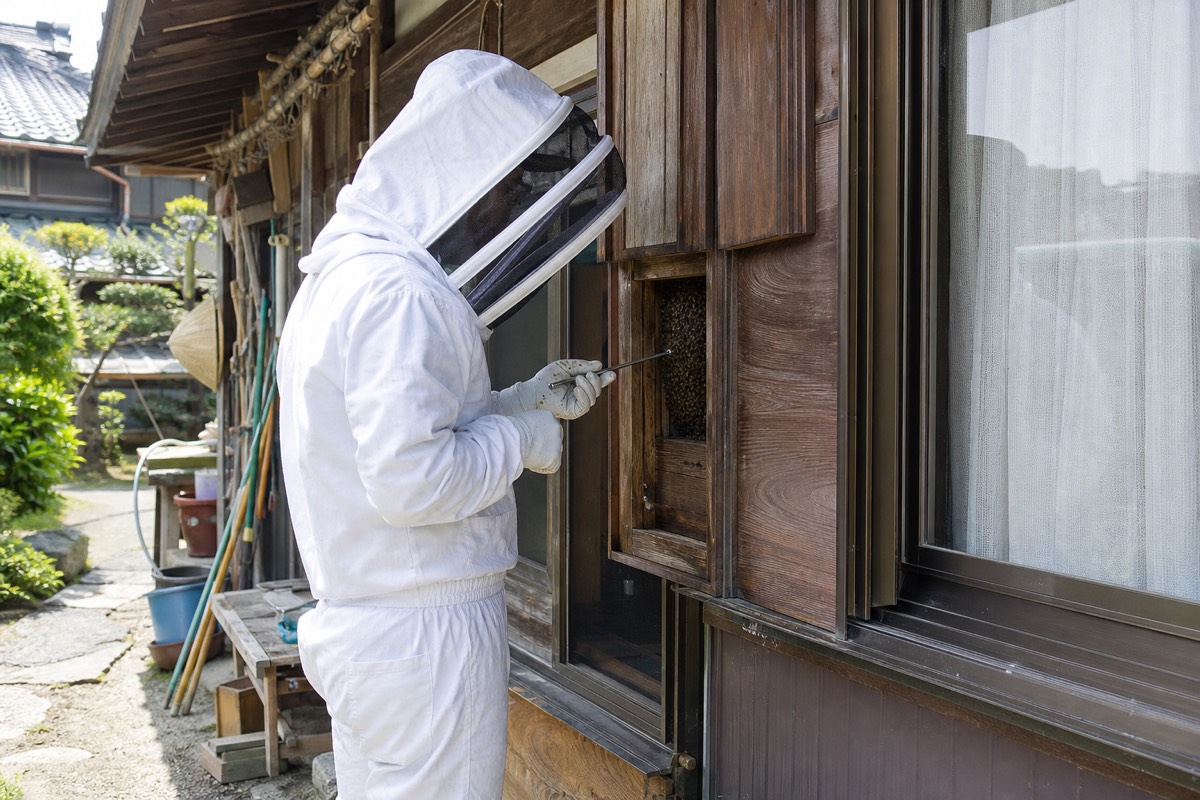 江南市尾崎町の農家住宅でミツバチ駆除作業中