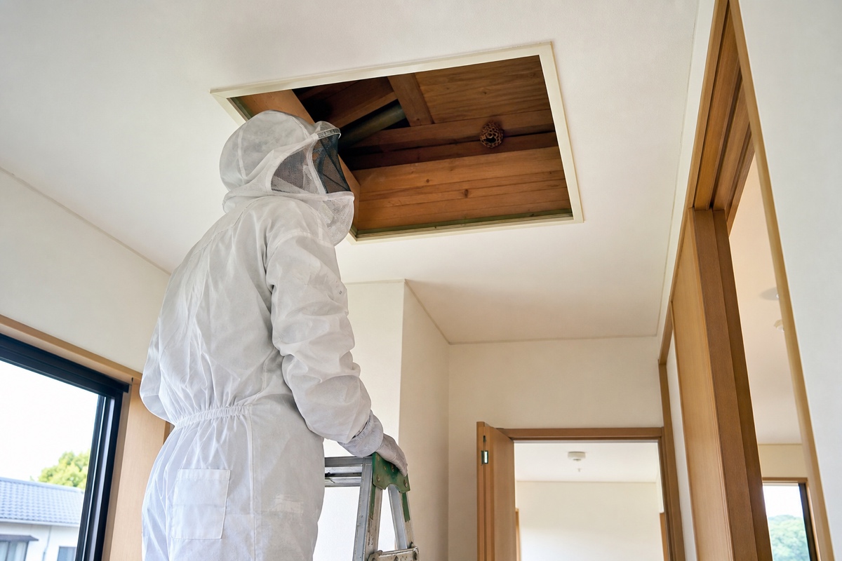 江南市木賀町の住宅街でキイロスズメバチ駆除作業中
