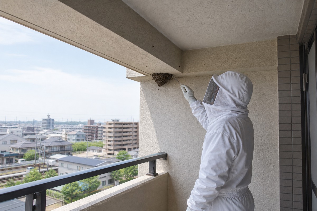 江南市石枕町のマンションでミツバチ駆除作業中