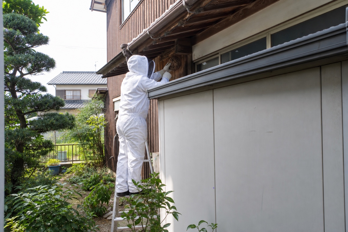みよし市三好町の物置横でスズメバチ駆除作業中