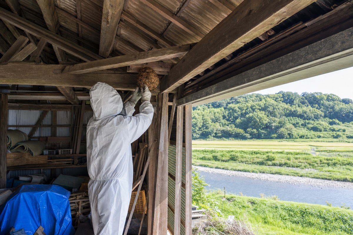 みよし市福谷町の田園農家納屋でオオスズメバチ駆除作業中