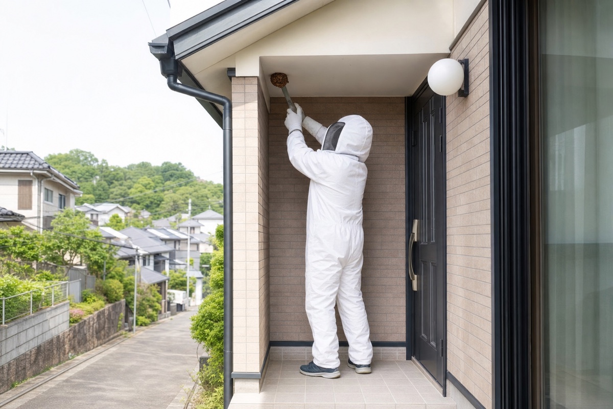 みよし市三好丘の住宅街でキイロスズメバチ駆除作業中