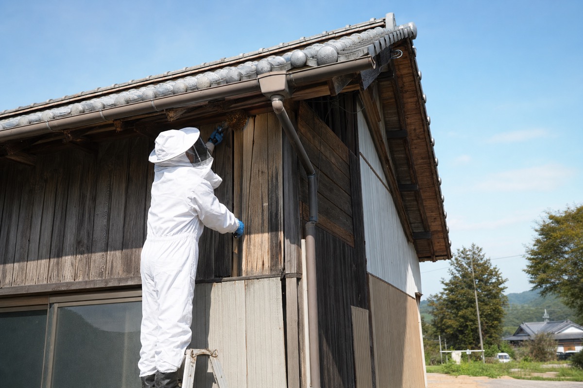 みよし市天王の田園農家でミツバチ駆除作業中